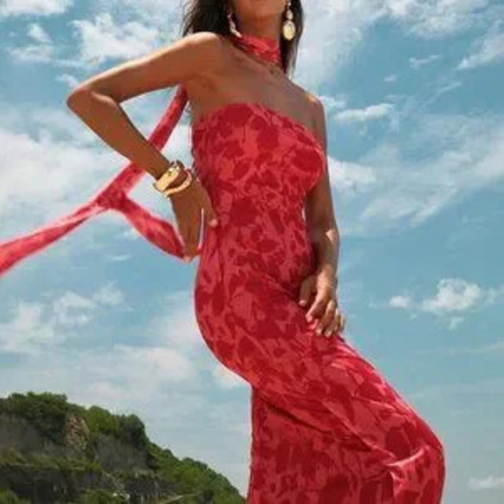 Red Casual Women's Beach Fairycore Wedding Party Elegant Knitted Mesh Print Form